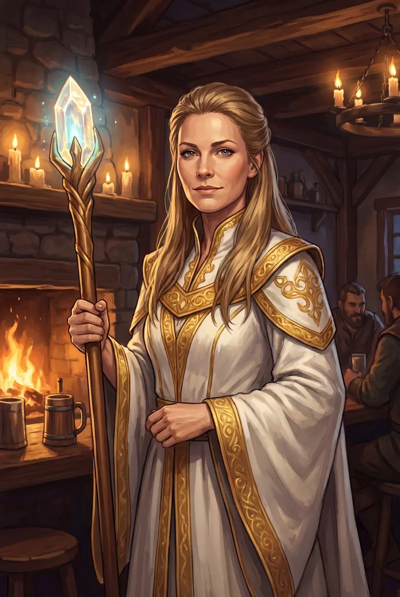 Sister Althea — Angela's in-game healer, in white-and-gold robes with a glowing crystal staff, in a firelit tavern. Painted character portrait.