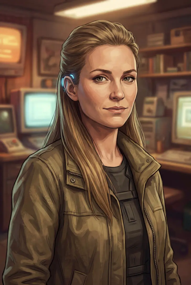 Angela, the healer of Overlayed Echoes — a tall woman with long brownish-blonde hair and a steady, sharp gaze in a near-future game studio, painted character portrait.