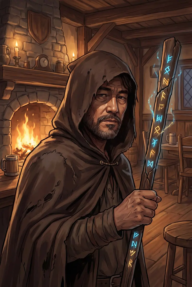 The Wanderer — Kael's in-game NPC, a hooded figure with a rune-etched glowing staff in a firelit tavern. Painted character portrait.