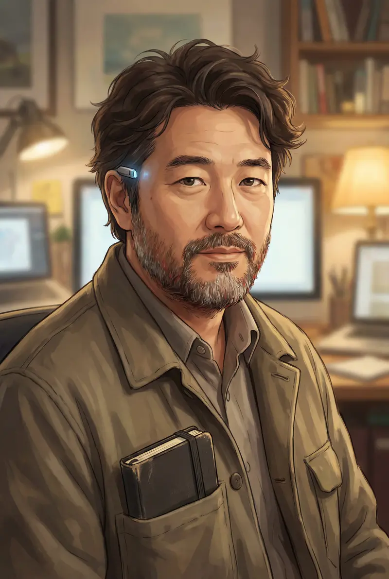 Kael, the game master of Overlayed Echoes — a man with dark hair and a flecked beard, a worn black notebook in his shirt pocket, in a near-future game studio, painted character portrait.