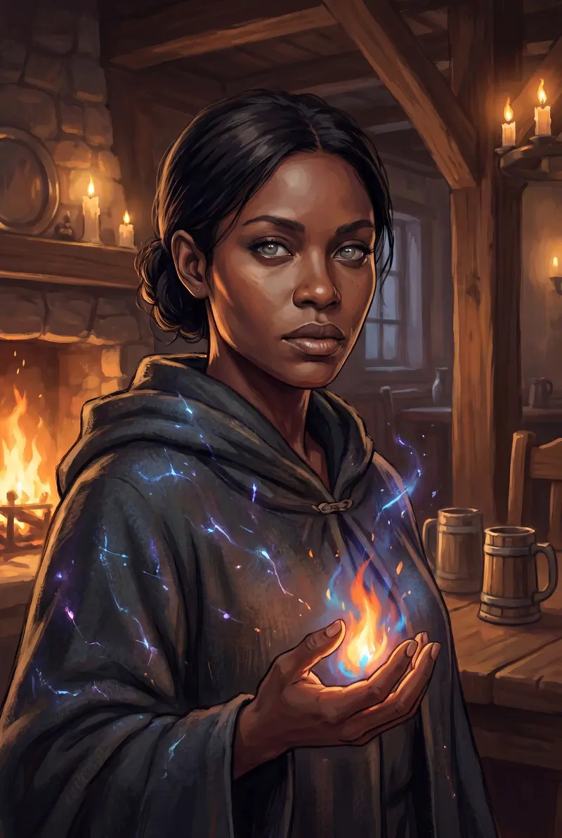 Elyra — Lena's in-game mage with storm-gray eyes and a sparking cloak, an ember in hand, in a firelit tavern. Painted character portrait.