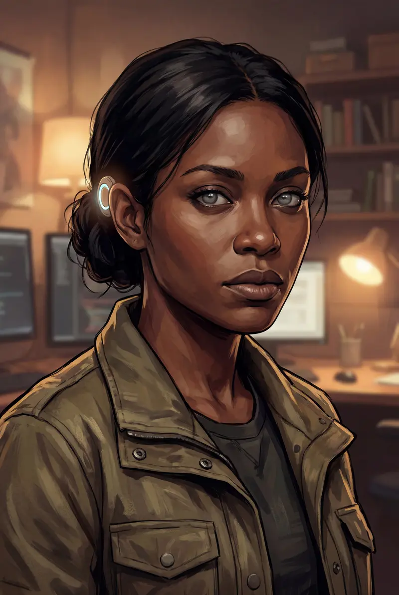 Lena, the mage of Overlayed Echoes — a slight woman with long straight black hair and storm-gray eyes in a near-future game studio, painted character portrait.