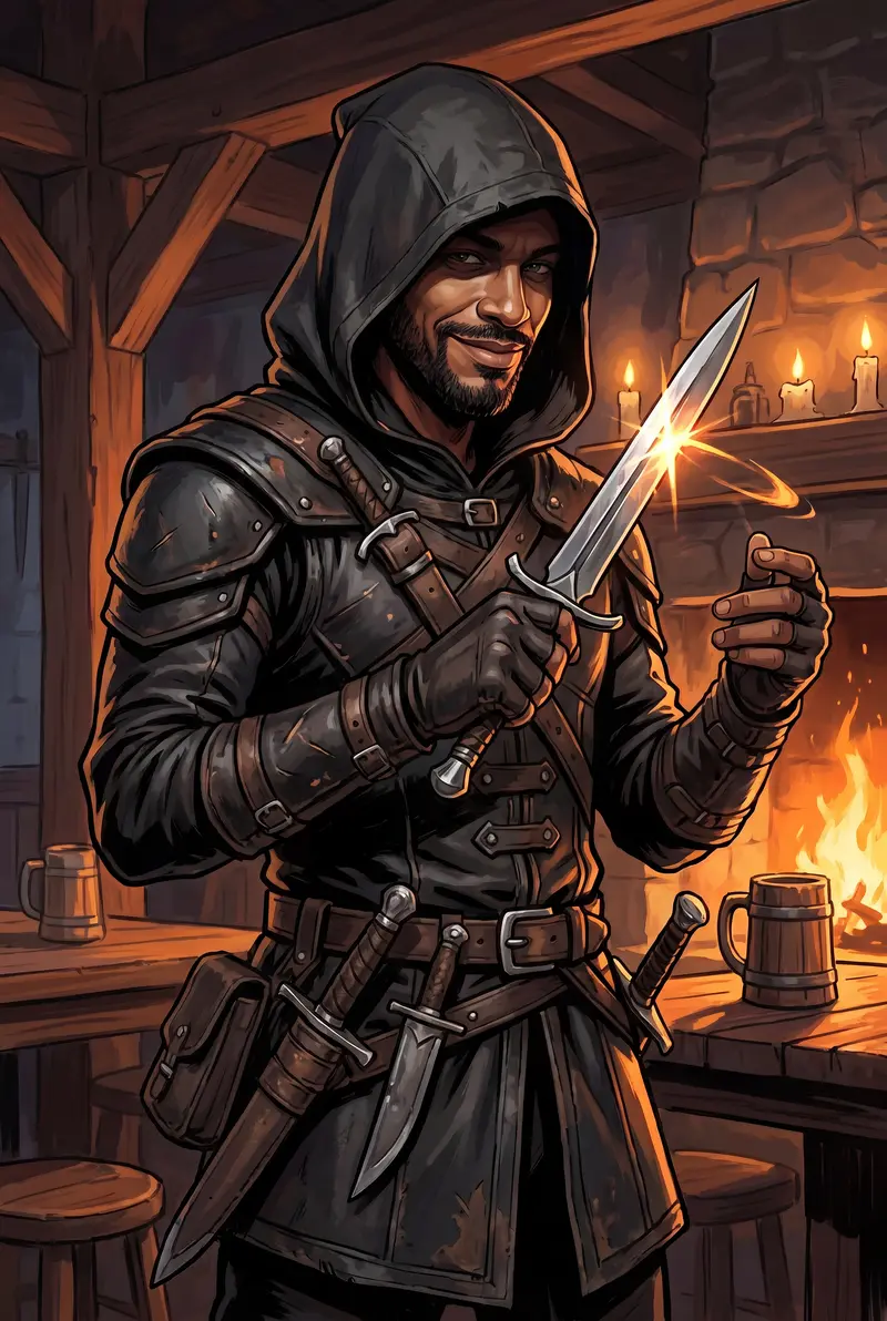 Varkis — Marcus's in-game trickster, hooded in black leather with knives, flipping a dagger in a firelit tavern. Painted character portrait.