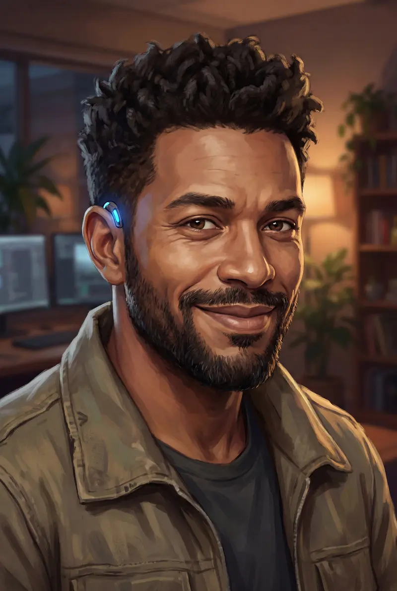 Marcus, the trickster of Overlayed Echoes — a lean man with short curly hair and a beard, grinning, in a near-future game studio, painted character portrait.