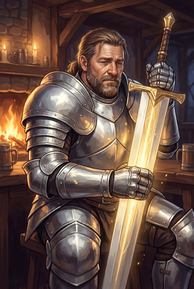 Sir Theron — Theo's in-game holy warrior, in silver armor with a light-blessed greatsword, in a firelit tavern. Painted character portrait.