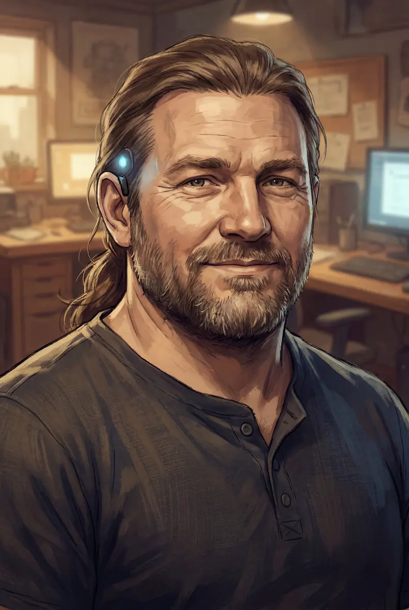 Theo, the guardian of Overlayed Echoes — a large bearded man with long brown hair and a warm expression in a near-future game studio, painted character portrait.