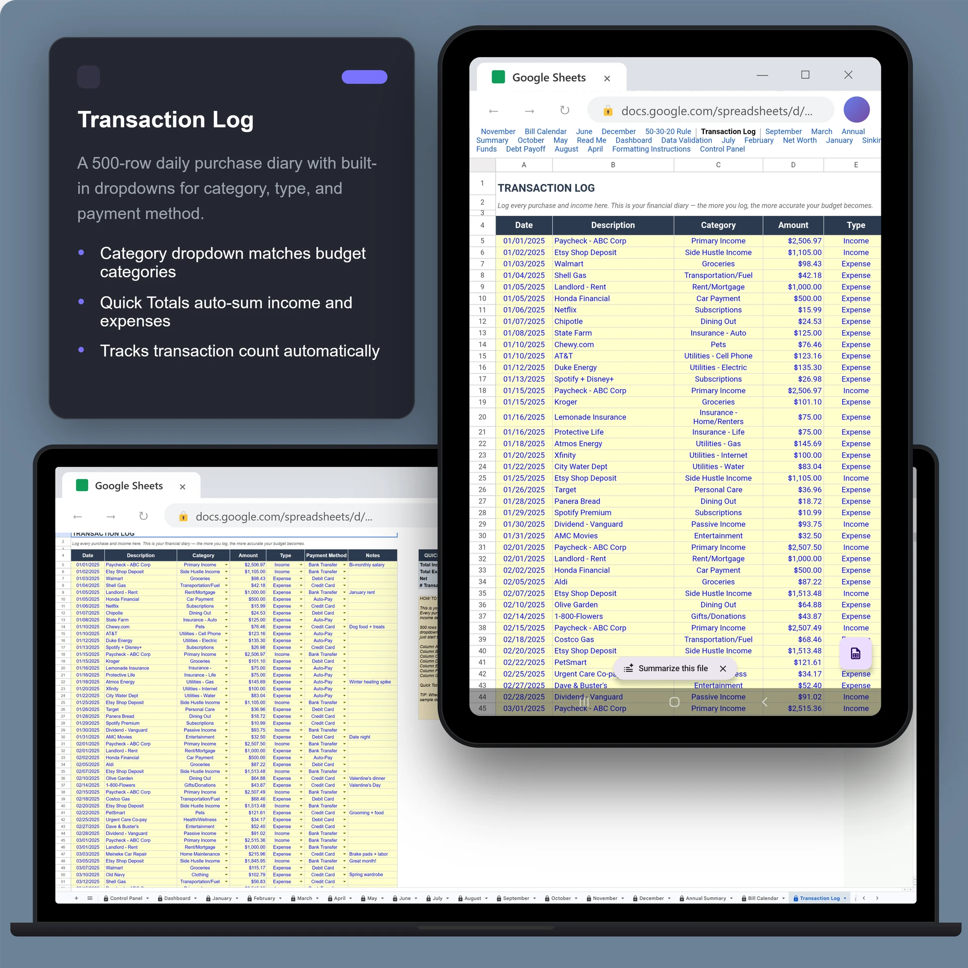 Sheets · Transaction Log
