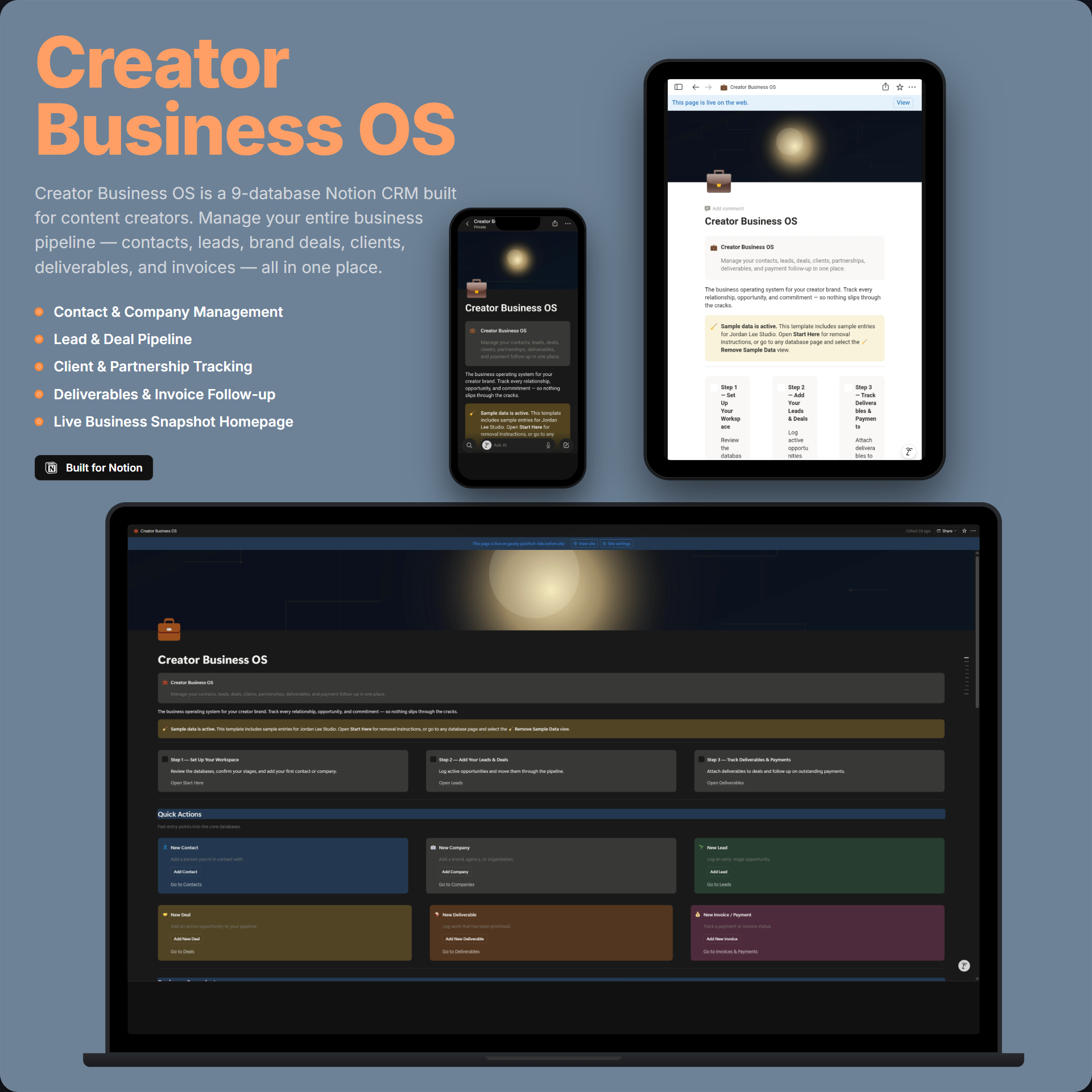 Creator Business OS — Notion CRM template hero mockup