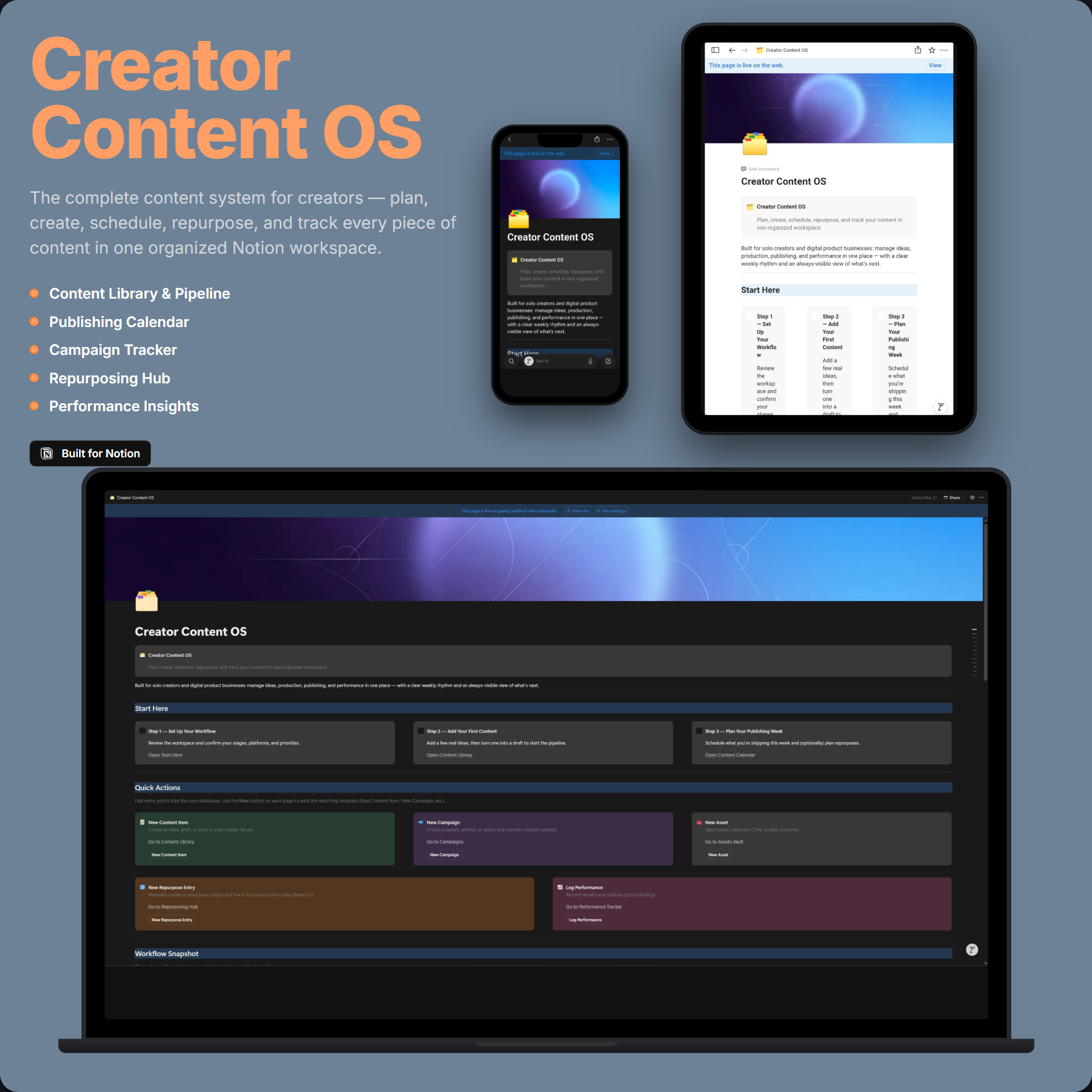 Creator Content OS — Notion content management template hero mockup