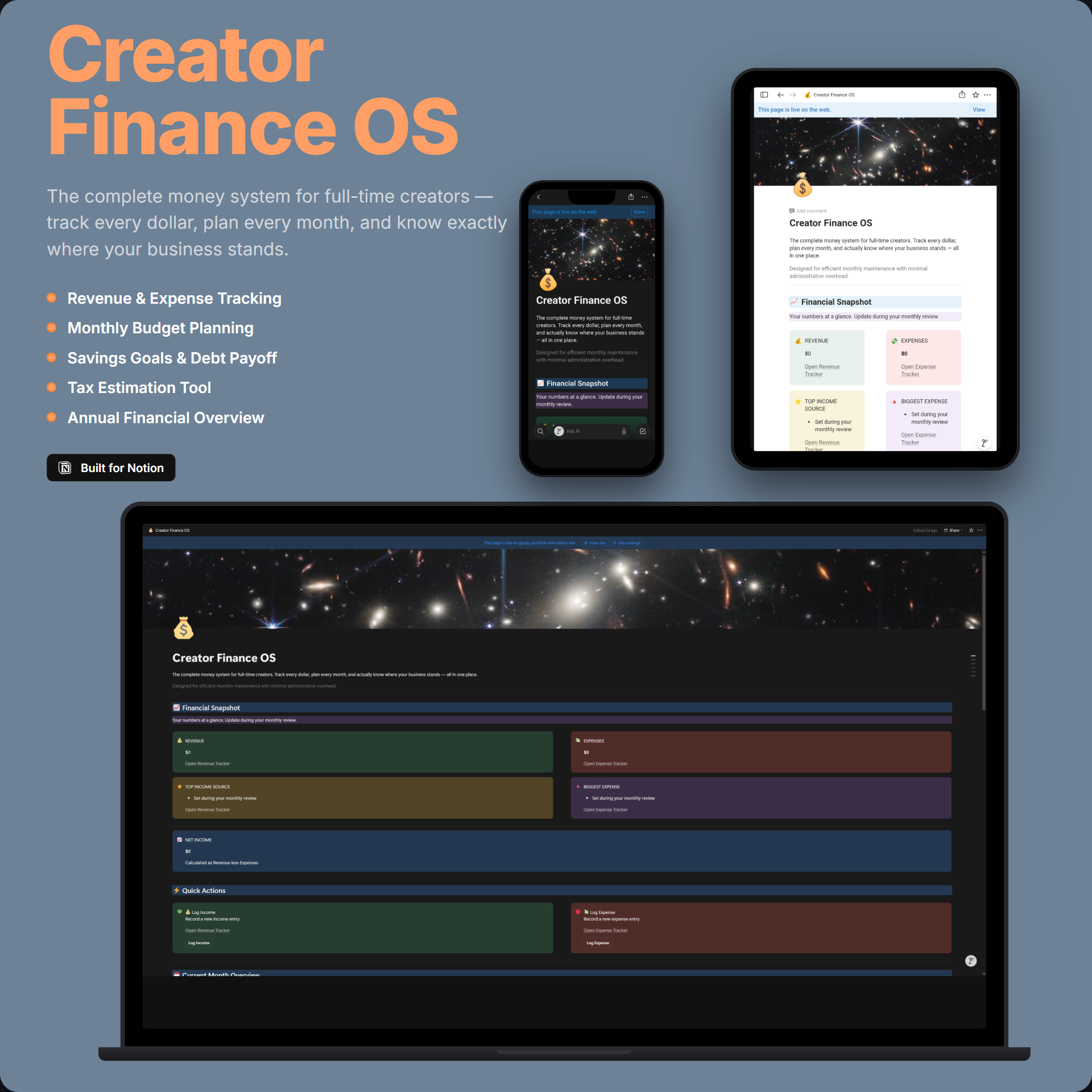 Creator Finance OS — Notion finance tracker template hero mockup
