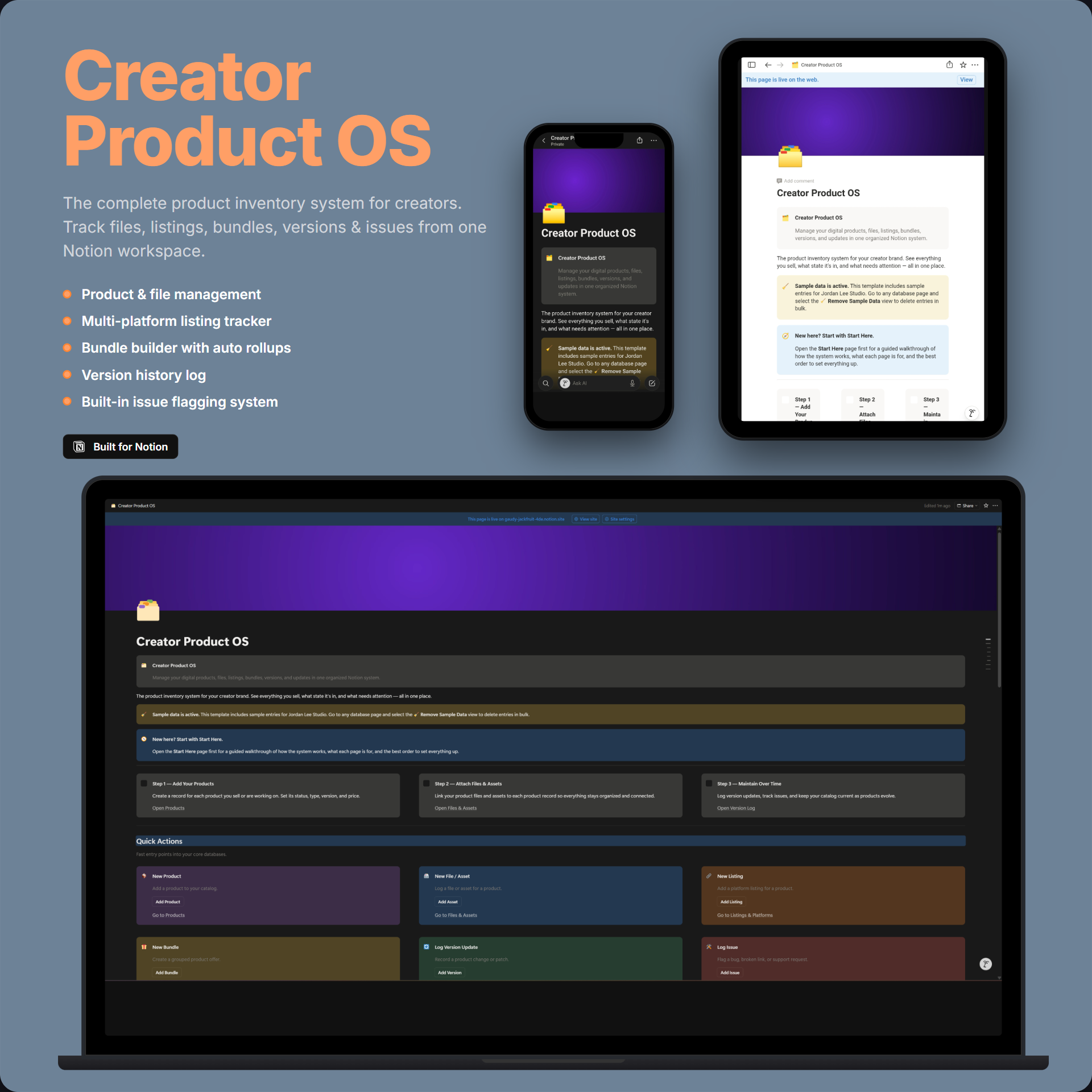 Creator Product OS — Notion product inventory template hero mockup