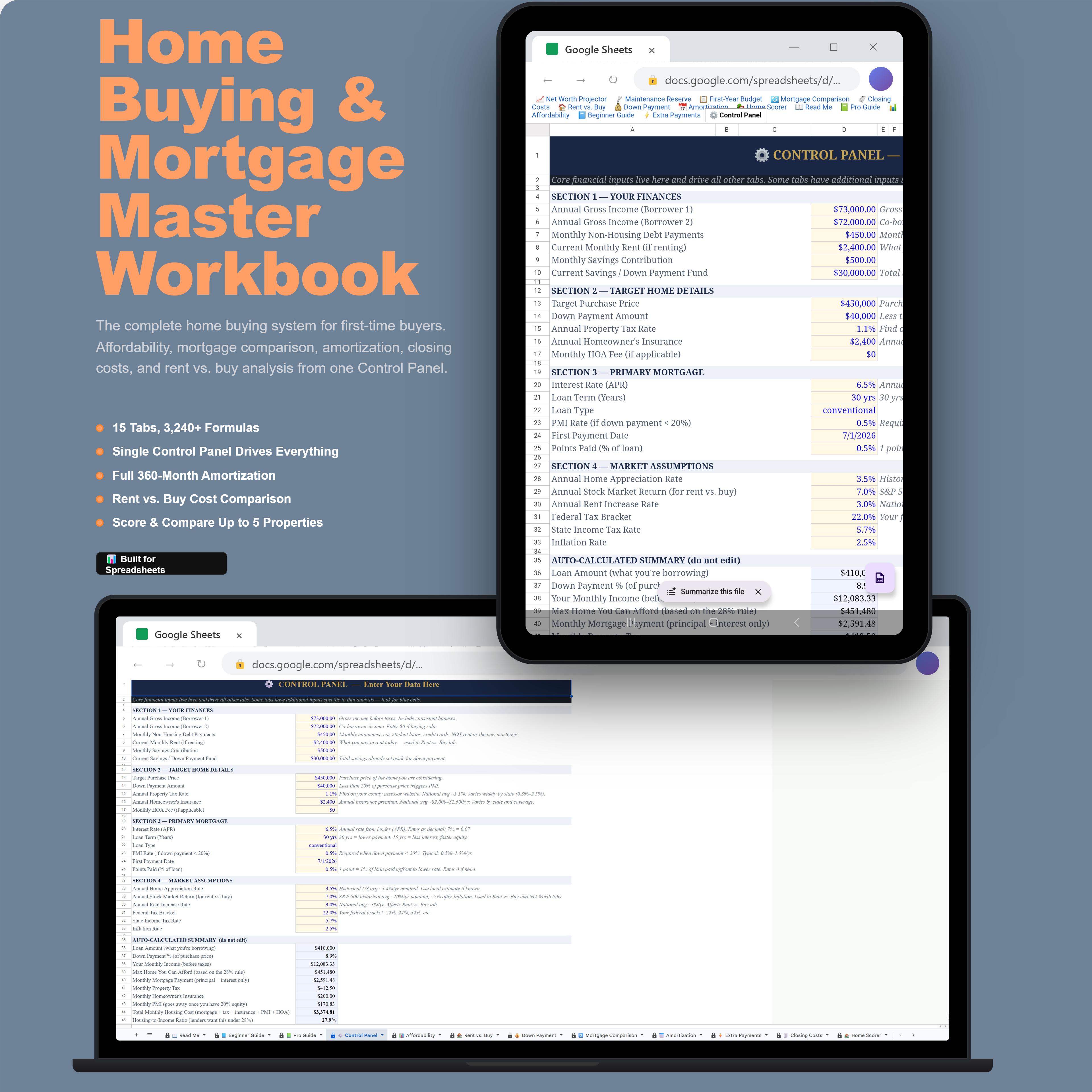 Home Buying & Mortgage Workbook — Google Sheets mockup