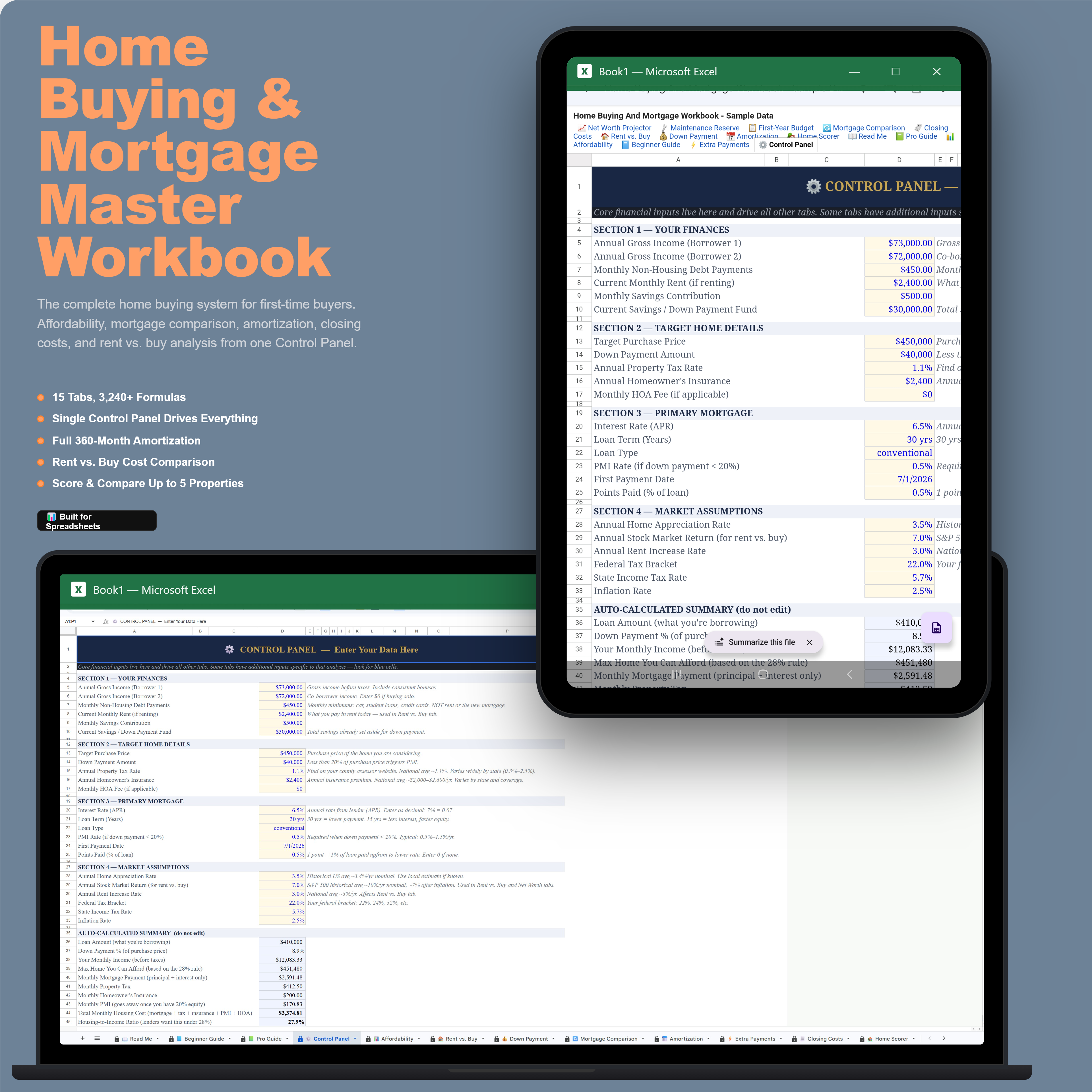 Home Buying & Mortgage Workbook — Excel + Sheets bundle mockup