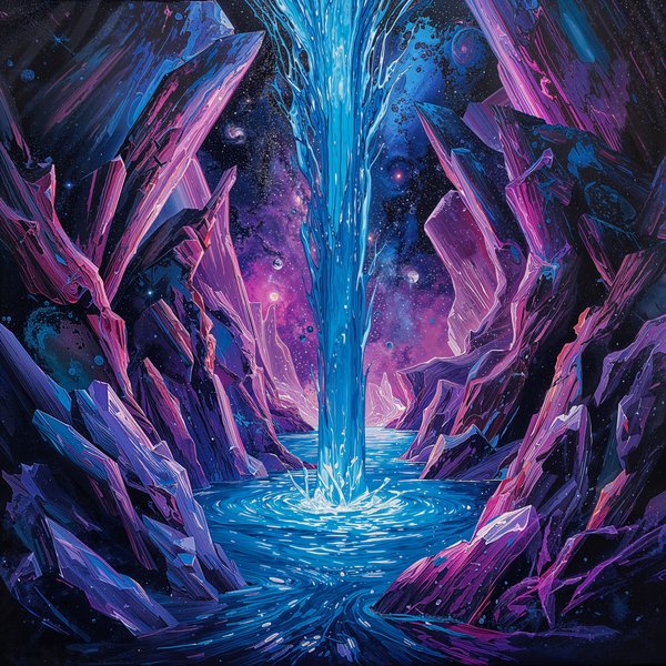 The Starfall Cascade — Zodiac landscape oil painting, electric falling-star waterfall