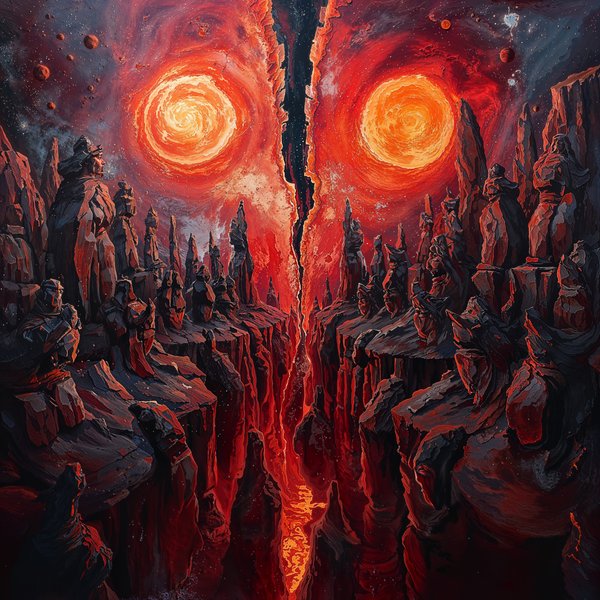 The Forge of Aries — Zodiac landscape oil painting, volcanic forge world with crimson and gold