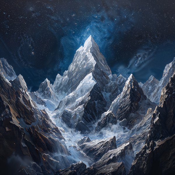 The Obsidian Peaks — Zodiac landscape oil painting, frozen high-altitude summit under cold sky