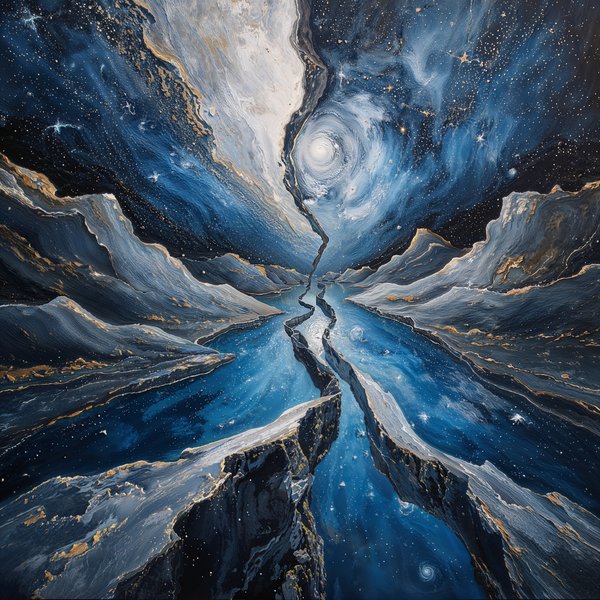The Rift of Gemini — Zodiac landscape oil painting, mirrored dual worlds with violet and silver