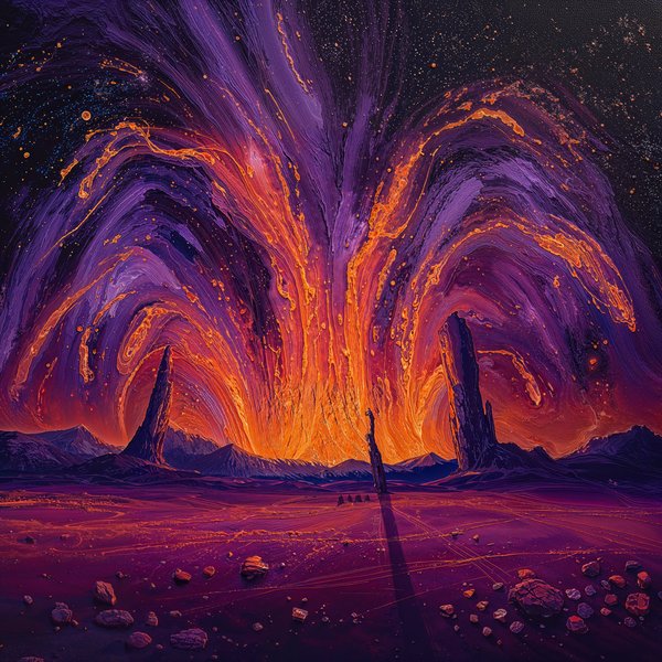 The Archer's Expanse — Zodiac landscape oil painting, wide cosmic horizon at dusk