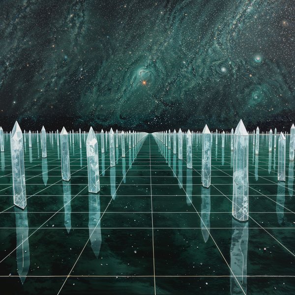 The Crystal Archive — Zodiac landscape oil painting, geometric crystalline library in cool light